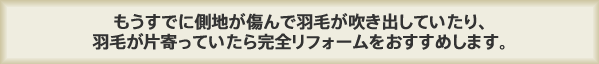 もうすでに側地が傷んで羽毛が吹き出していたり、羽毛が片寄っていたら完全リフォームをおすすめします